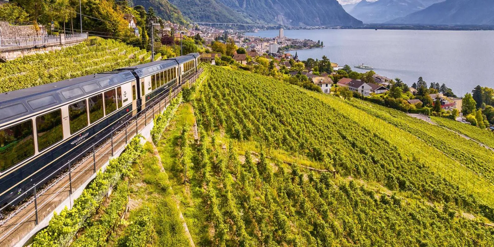 A GoldenPass panoramic train running through terraced vineyards above Montreux and Lake Geneva
