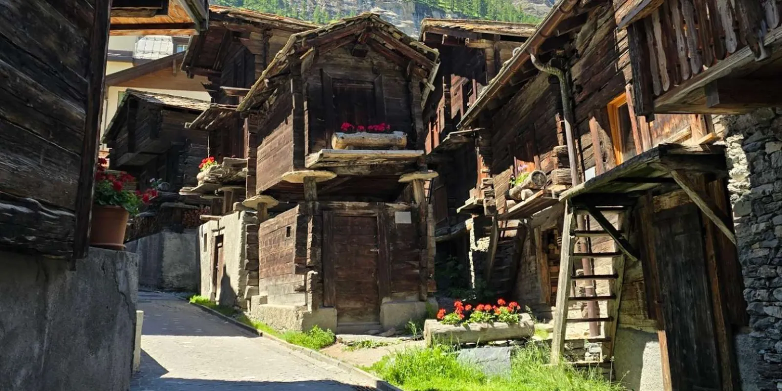 Zermatt's Hinterdorf quarter, where old timber granaries stand on stone discs to keep out mice